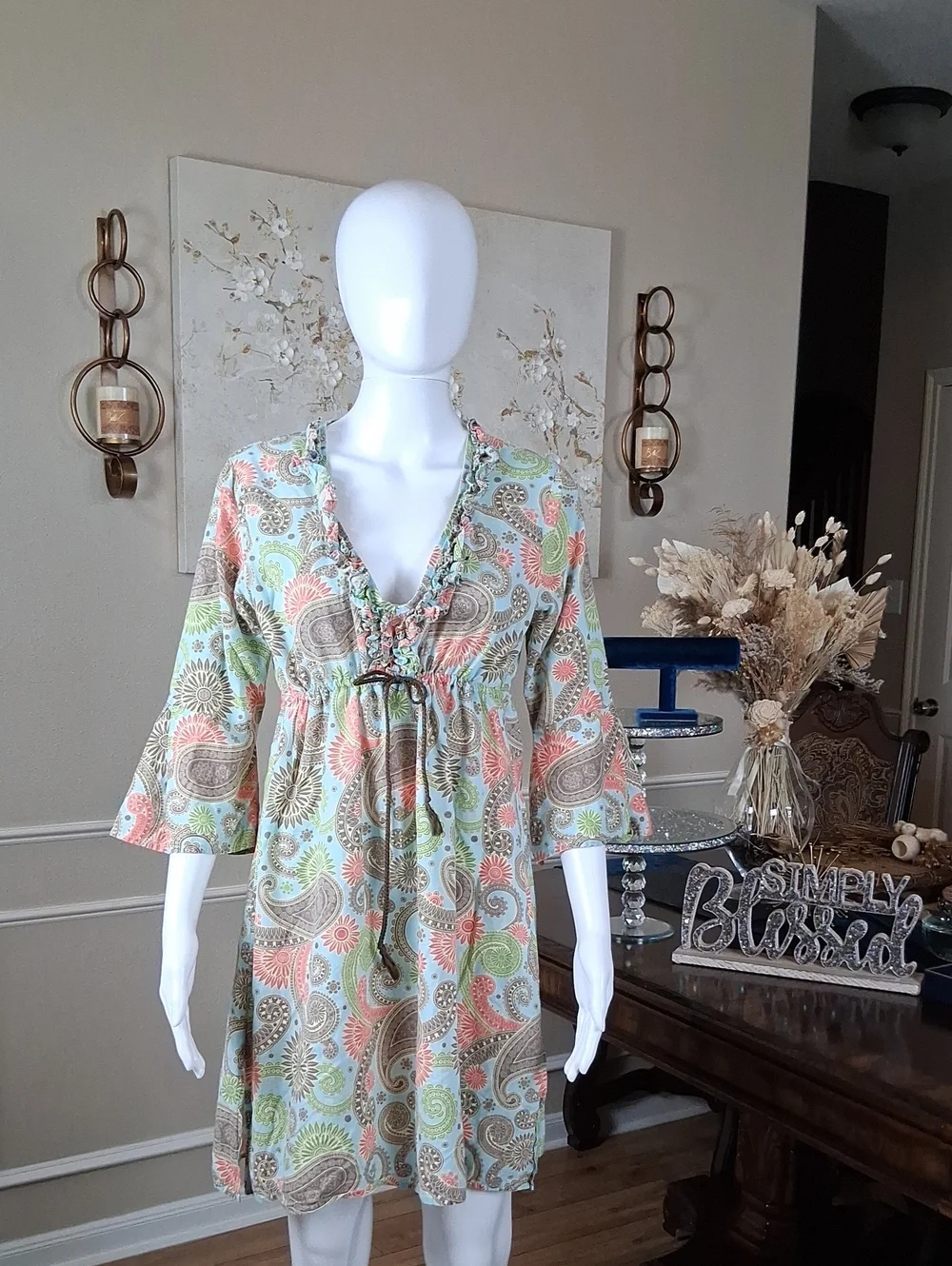 Women's Boho Linen Paisley Print Summer Dress  Multicolor Coverup Medium - Picture 4 of 17